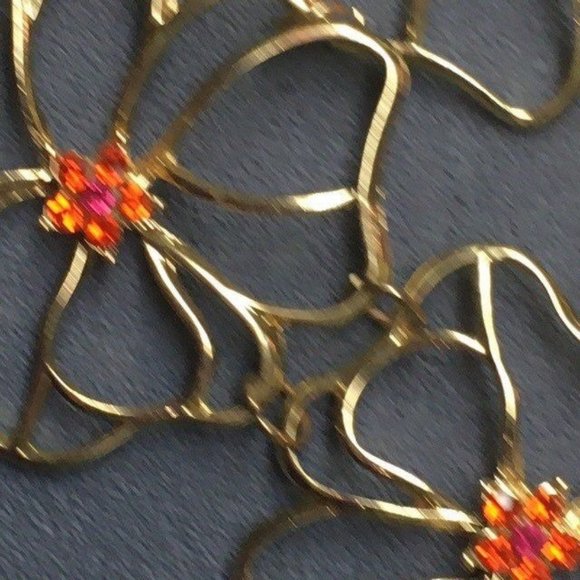 Flowers Bib Statement Necklace Orange Rhinestone Gold Chain Wire Detailed Retro - Picture 3 of 9